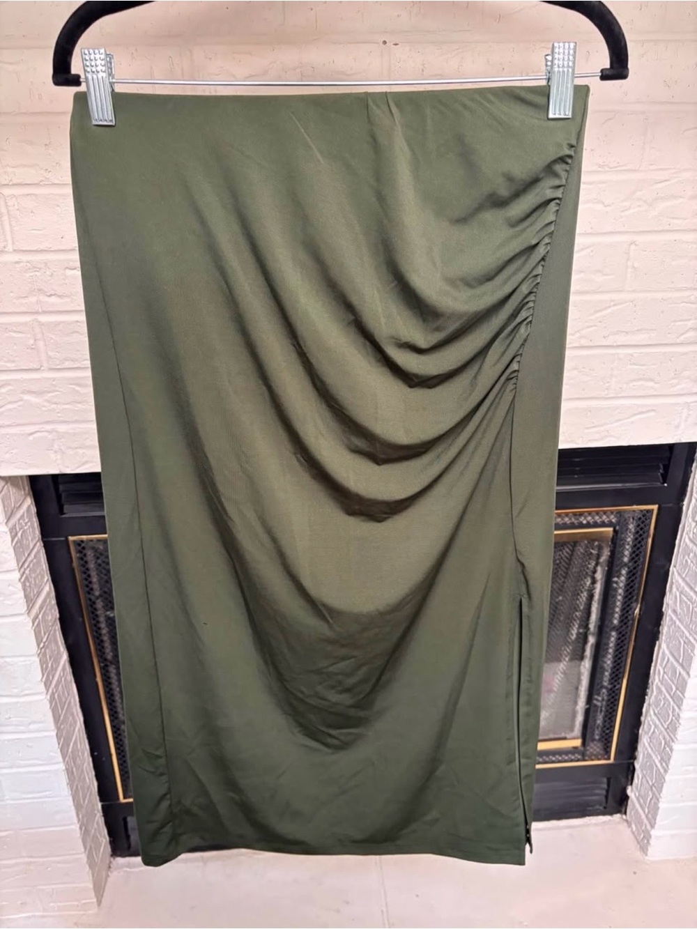 Olive Green Midi Skirt with Side Ruching
